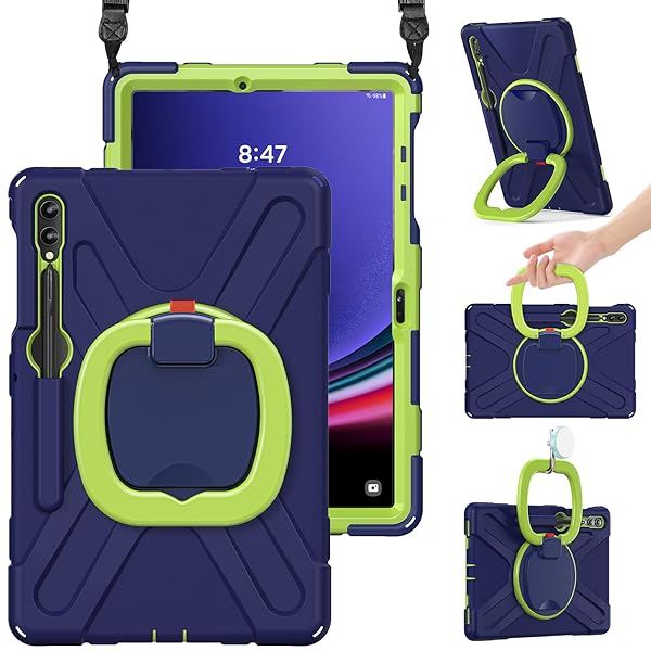 BRAECN Silicone Cover Case for Samsung Galaxy Tab S7 S7+ FE 12.4 Inch Navy Green Rugged Design with S Pen Holder Grip Kickstand Shoulder Strap