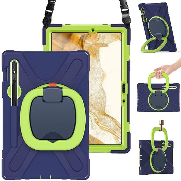 BRAECN Heavy Duty Silicone Case for Samsung Galaxy Tab S9 S8 S7 11 Inch with S Pen Holder Rotating Handle Grip and Folding Stand Navy Green