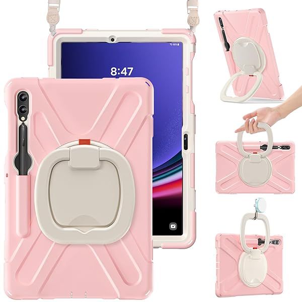 BRAECN Rugged Case for Samsung Galaxy Tab S9 Plus S8 Plus S7 FE 12.4 with Shoulder Strap S Pen Holder Kickstand and Handle Grip Sakura Pink