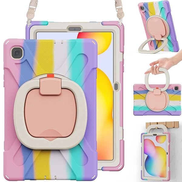 BRAECN Heavy Duty Silicone Case for Galaxy Tab S6 Lite 10.4 with S Pen Holder Kickstand and Shoulder Strap Colorful Pink