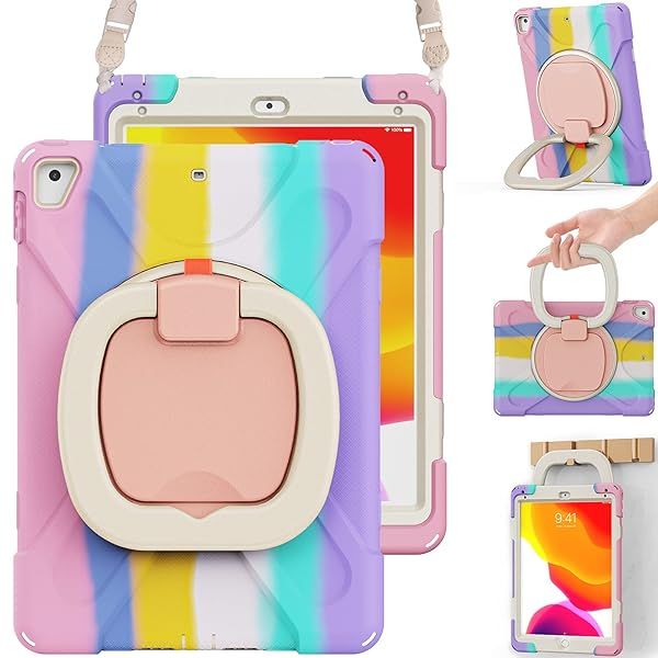 BRAECN iPad Case for Kids Heavy Duty Silicone with Kickstand Grip Strap and Pencil Holder for iPad 9.7 Colorful Pink