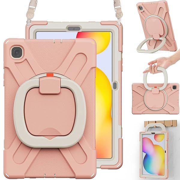 BRAECN Samsung Galaxy Tab S6 Lite 10.4 Kids Case Drop Proof Silicone Cover with Hand Grip Shoulder Strap Kickstand S Pen Holder Rose Gold