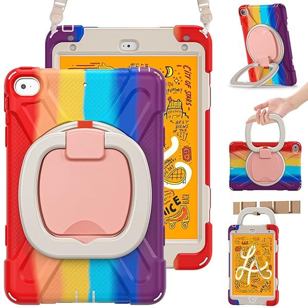 BRAECN iPad Mini 5 and 4 Case Rugged Silicone Cover with Shoulder Strap Pencil Holder Swivel Hand Grip Kickstand for Kids Colorful Red