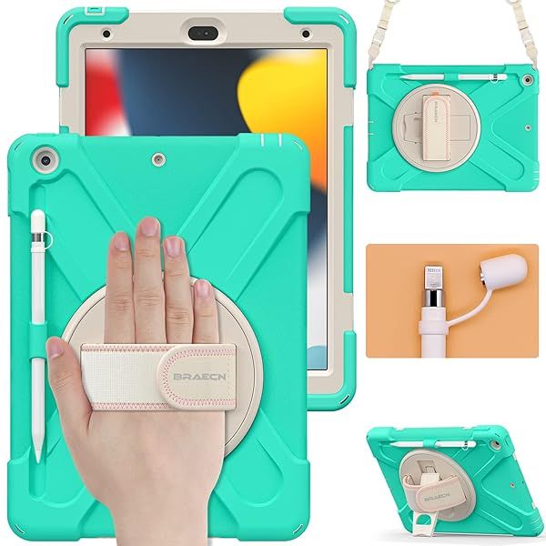 BRAECN iPad 9th Generation Case Kids Heavy Duty Shockproof with Hand Strap Kickstand Shoulder Strap Screen Protector Mint Green