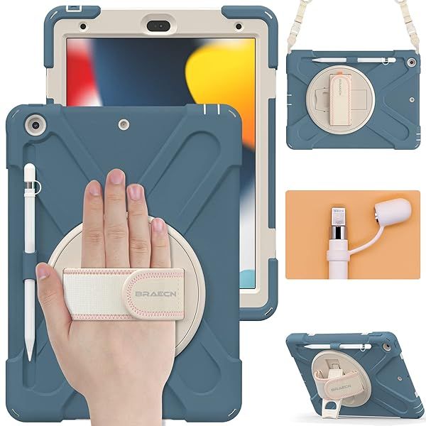 BRAECN iPad 8th Generation Case Shockproof Cover with Screen Protector Hand Strap Kickstand Shoulder Strap Pencil Holder Cornflower Blue