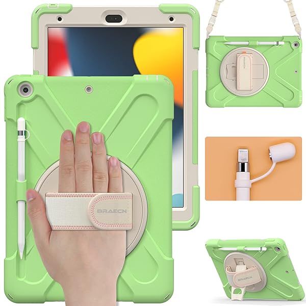 BRAECN iPad 8th 7th Generation Case 10.2 Inch Heavy Duty Kids Case with Pencil Holder Screen Protector Kickstand Matcha Green