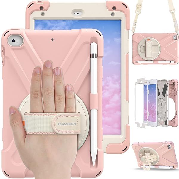 BRAECN iPad Mini 5th Generation Case for Kids with Pencil Holder Hand Strap Shoulder Strap Kickstand Sakura Pink
