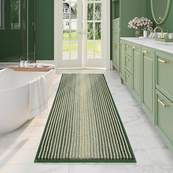 BSICPRO Large Non Slip Bathroom Rugs 24 x 70 Inches Water Absorbent Chenille Runner Mats Machine Washable in Sage and Cream