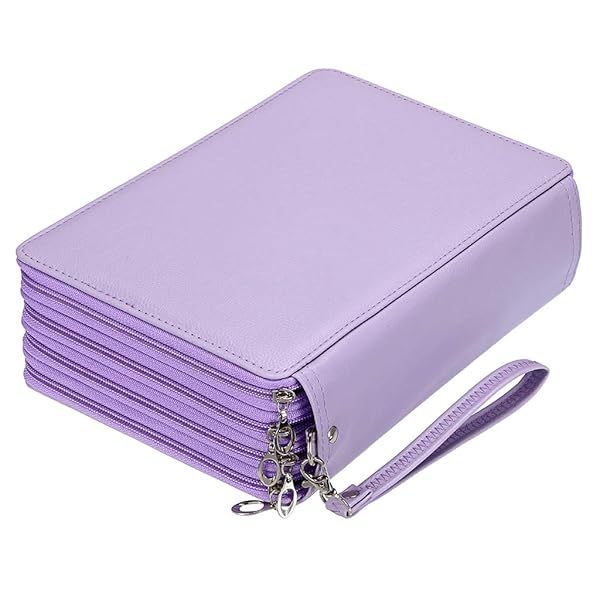 BTSKY 200 Slots Colored Pencil Organizer Deluxe PU Leather Case with Handle for Colored and Watercolor Pencils in Purple