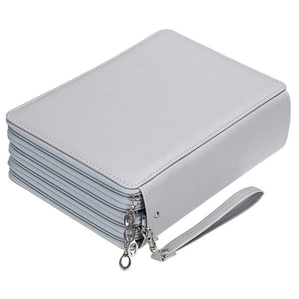 BTSKY 200 Slots Colored Pencil Organizer Deluxe PU Leather Case with Handle for Colored and Watercolor Pencils Grey
