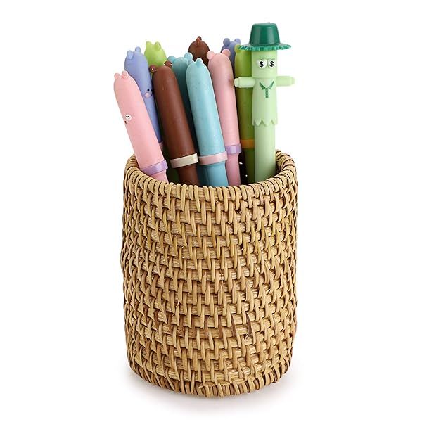 BTSKY Rattan Pen Cup Handmade Desk Pencil Holder Multi-Functional Woven Basket for Office and Home Desktop Organizer