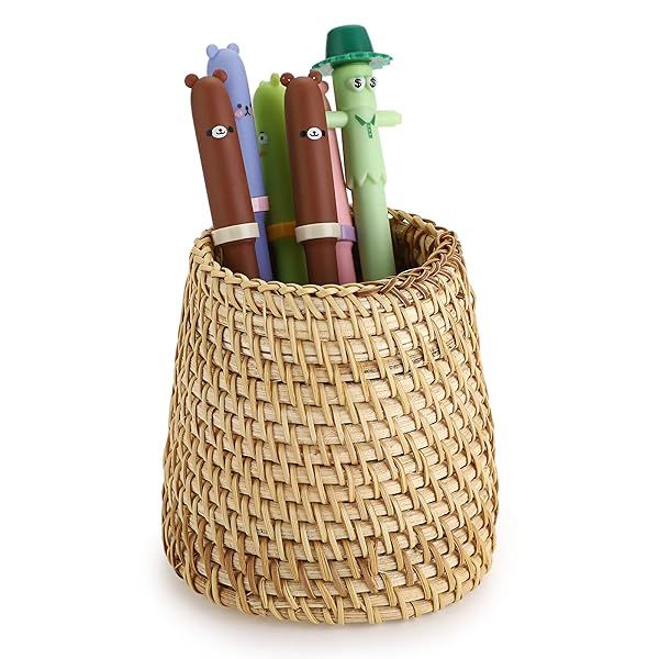 BTSKY Rattan Pen Cup Handmade Desk Pencil Holder Multi Functional Woven Basket Office Home Desktop Organizer Cone