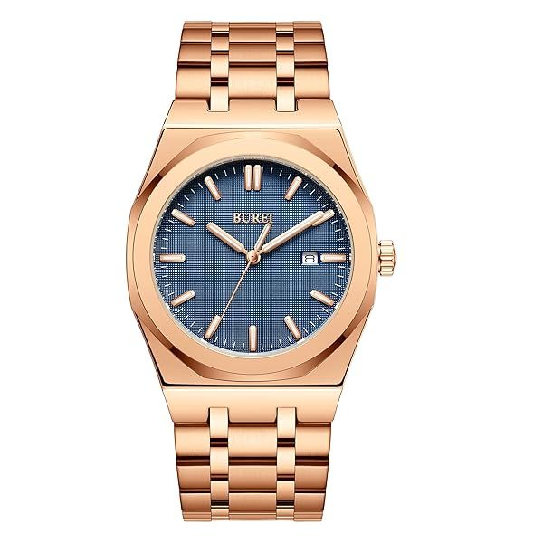 BUREI Men's Rose Gold Stainless Steel Analog Quartz Waterproof Watch Business Casual Fashion Wrist Watch
