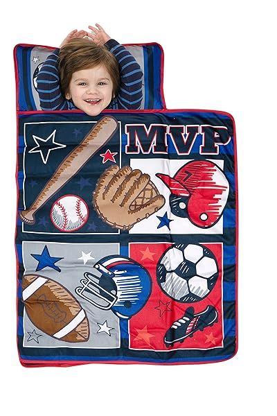 Baby Boom Funhouse MVP Sports Nap Mat Set with Pillow and Fleece Blanket for Toddlers Boys Daycare Preschool Napping Blue