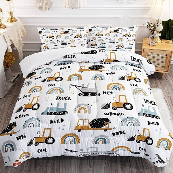 BailiPromise Cartoon Car Comforter Set for Kids Full Size 3Pcs Construction Vehicles Bedding Rainbow Excavator Tractor All Season