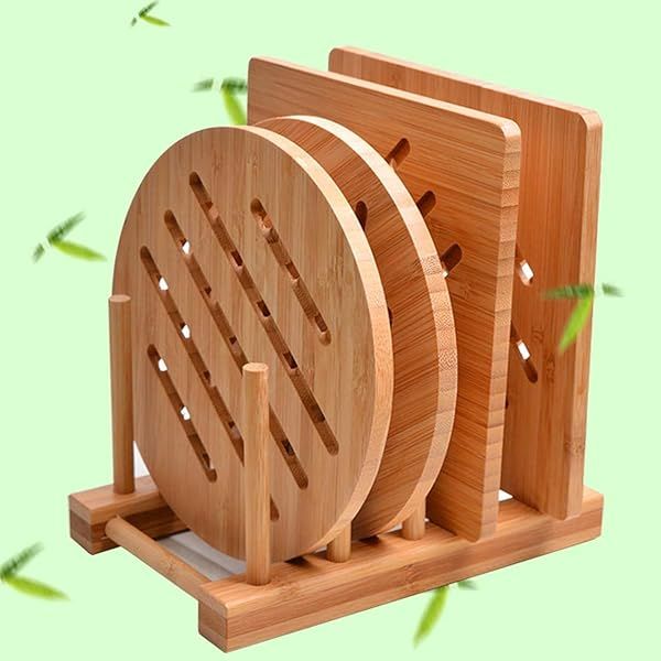 Natural Bamboo Trivet Set: 2 Square & 2 Round Hot Pads with Storage Rack for Pots, Bowls & Teapots