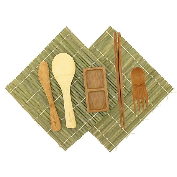 BambooMN Deluxe Sushi Making Kit with Green Rolling Mats Rice Paddle Spreader Chopsticks Sauce Dish and Free Spork