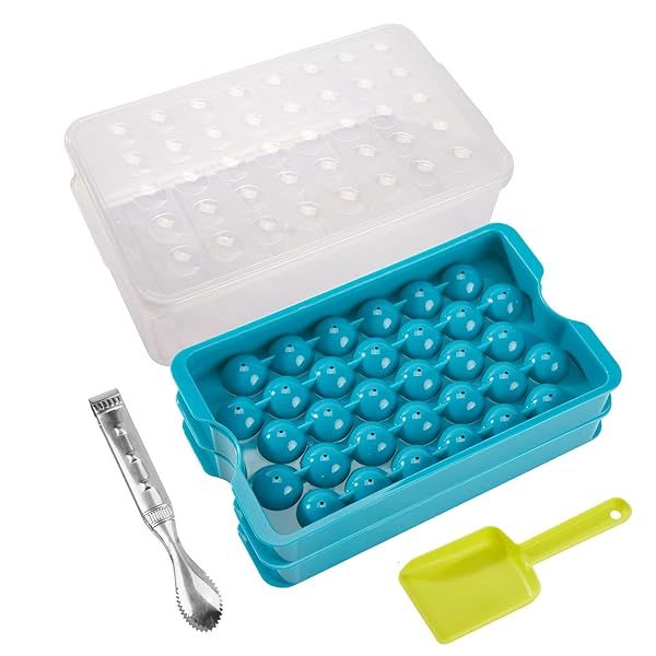 Bangp Upgrade Round Ice Cube Tray Set 2 Pack with Lid and Bin for Easy Release 64 Small Ice Balls Includes Ice Bucket Tong and Scoop
