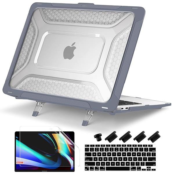 Batianda Heavy Duty Protective Case for MacBook Air 13 inch 2021 2020 A2337 M1 A2179 A1932 with Slim Bumper Kickstand and Keyboard Cover Gray