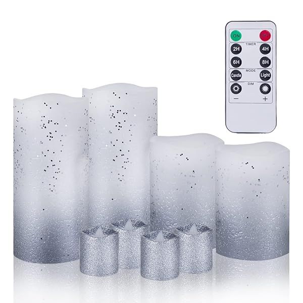 Bemoment Silver Dot LED Flameless Candles 8pc Set with Remote Real Wax Glittery Safe Timer Realistic Flicker Home Event Decor