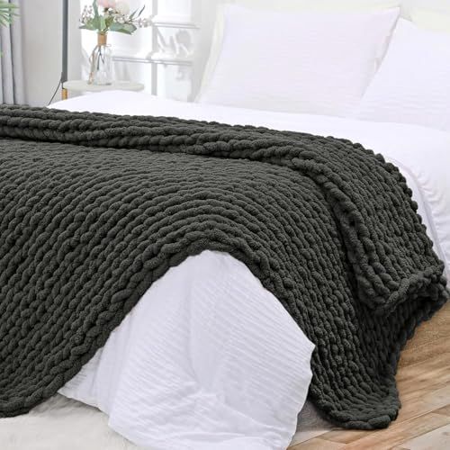 Bigacogo Chunky Knit Throw Blanket 40x60 Hand Knitted Jumbo Chenille Yarn Cozy Soft Cable Crochet for Sofa Bed Living Room Dark Grey