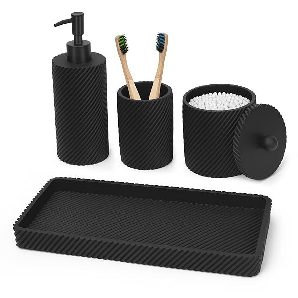 Black Bathroom Accessories Set 4 Pcs Toothbrush Holder Lotion Soap Dispenser Qtip Holder Vanity Tray Countertop Organizer