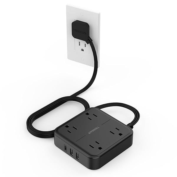 TESSAN 5FT Flat Extension Cord Surge Protector with 4 Outlets and 3 USB C Ports Ideal for Home Office and Dorm Black