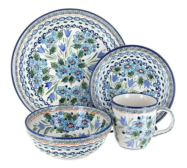 Blue Rose Polish Pottery Ballina 4 Piece Place Setting Service for 1 Elegant Dining Set