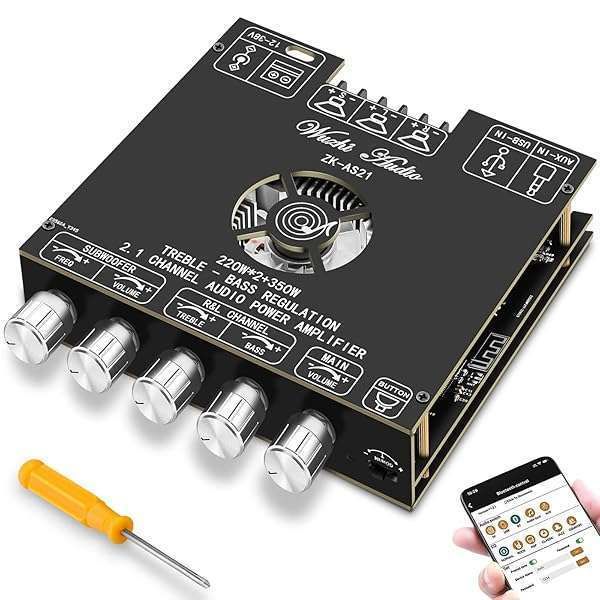 HiFi 2.1 Channel Bluetooth Power Amplifier Board - 220W+350W Digital Audio Module with AUX/USB for Subwoofer Control (ZK-AS21)