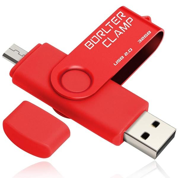 BorlterClamp 32GB USB Flash Drive Dual Port OTG Thumb Drive for Android Smartphone Tablet and Computer Red