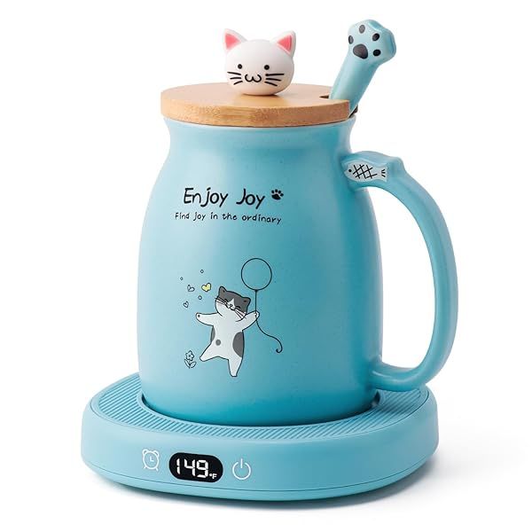 Bsigo Coffee Mug Warmer and Cute Cat Mug Set Electric Smart Beverage Warmer with 3 Temperature Settings and 8 Hour Auto Shut Off Blue