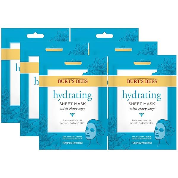 Burt's Bees Hydrating Face Mask with Clary Sage - 6 Count Sheet Masks for Deep Hydration