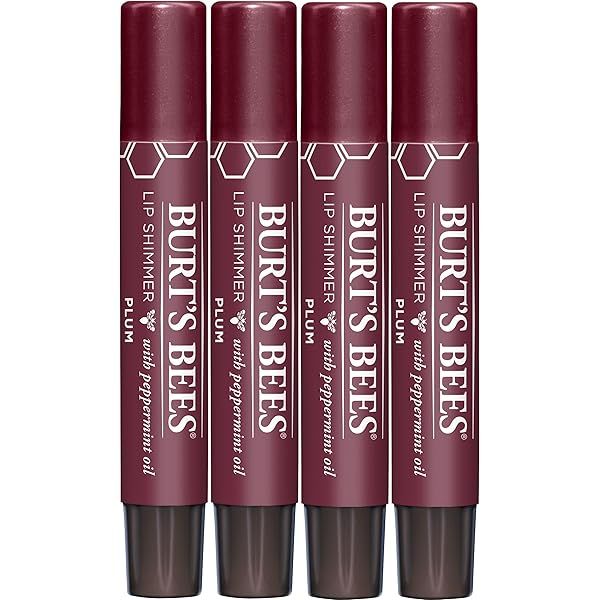 Valentine's Day Gift: Burt's Bees Shimmer Lip Tint 4-Pack - Hydrating Tinted Lip Balm in Plum for All-Day Glow