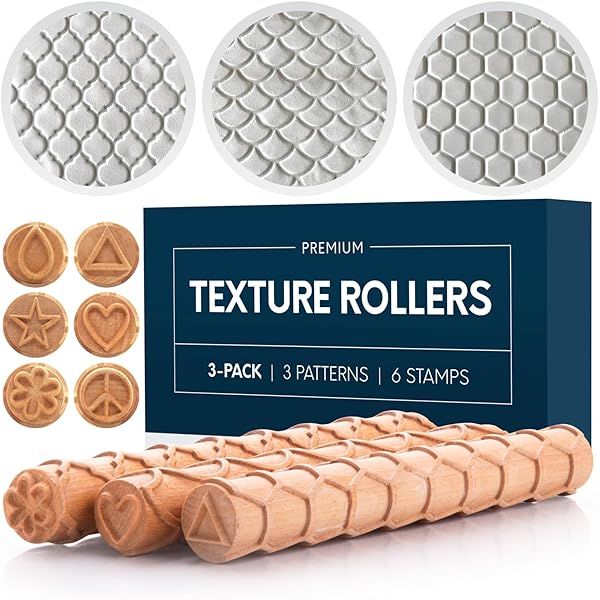 Byllstore Extra Large Clay Texture Rollers and Pottery Stamps 3 Pack for Creative Clay Projects