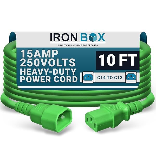 10ft C14 to C13 Power Cord - Green 15A/250V, 14/3 AWG, IEC 60320 - Iron Box IBX-6010-10