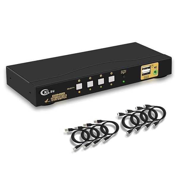CKLau 4-Port HDMI KVM Switch with Audio & Cables - 4K@60Hz, EDID, Hotkey Switching
