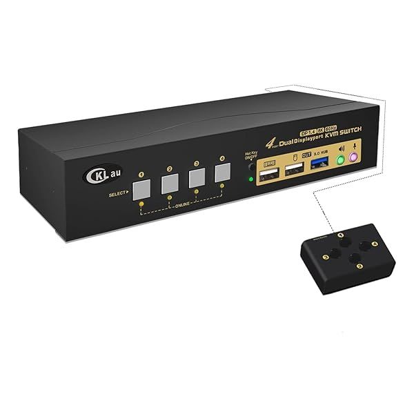 CKLau USB 3.0 4-Port KVM Switch: Dual Monitor DisplayPort 1.4, 8K@30Hz, 4K@144Hz - Share 4 PCs with Ease!