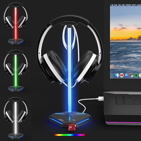 COZOO RGB Headphone Stand with USB Charging Ports for Gamers Desktop Accessories and Earphone Holder Gifts for Boyfriend