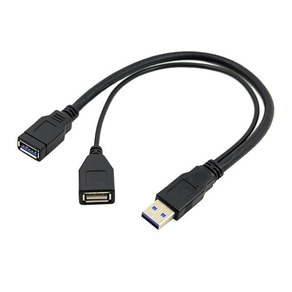 Cablecc Black USB 3.0 Male to Dual USB Female Extra Power Data Y Extension Cable for 25 Inch Mobile Hard Disk
