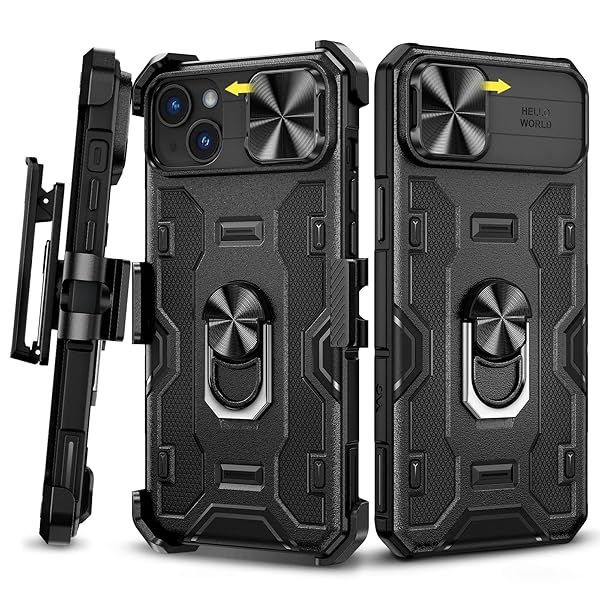 Caka for iPhone 14 Plus Case with Belt-Clip Holster and Slide Camera Cover, Built-in 360 Rotate Kickstand Stand - Black