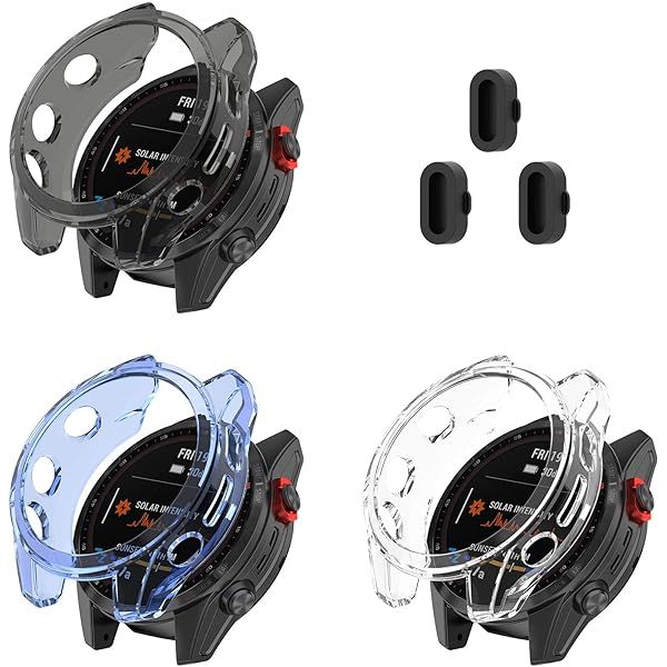 Garmin Fenix 7s Case Cover: Soft TPU Protective Bumper with Dust Plug - Black Blue Clear Accessory