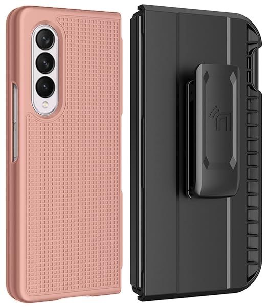 Galaxy Z Fold 3 Case with Clip & S Pen Slot - Slim Hard Cover & Rotating Belt Holster in Rose Gold Pink