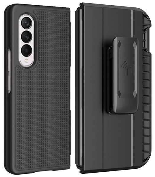 Galaxy Z Fold 3 Case with Clip & S Pen Slot - Slim Hard Cover & Rotating Belt Holster Combo - Nakedcellphone Black Tread