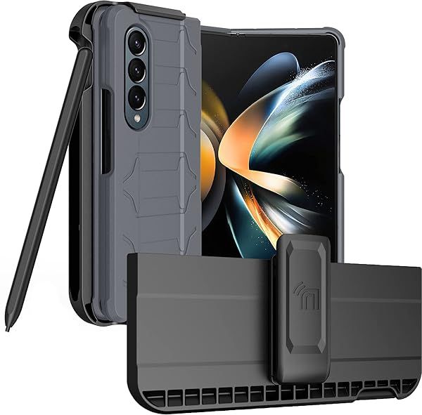 Nakedcellphone Case with Clip and S Pen Slot for Galaxy Z Fold 4 5G, Tactical Cover and Custom Belt Hip Holster Holder View Stand Combo for Samsung Z
