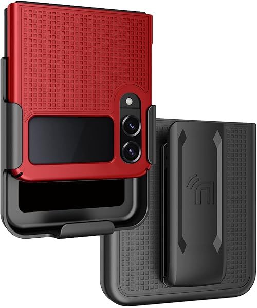 Case with Clip for Galaxy Z Flip 4 5G, Nakedcellphone [Grid Texture] Slim Hard Shell Cover and [Rotating Ratchet] Belt Hip Holster Holder Combo for