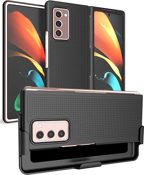 Galaxy Z Fold 2 Case with Clip & Holster - Slim Black Grid Texture Cover for Samsung 5G (SM-F916)