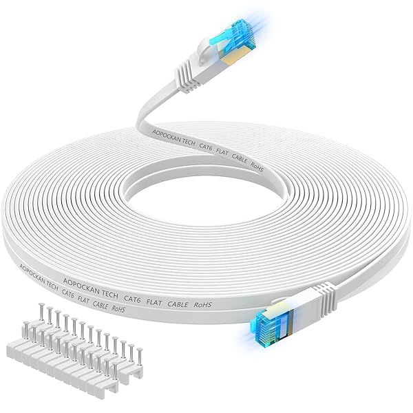High Speed Cat 6 Ethernet Cable 25 ft Flat Internet Network LAN Patch Cord with Clips Snagless RJ45 Connectors for Modem Router White