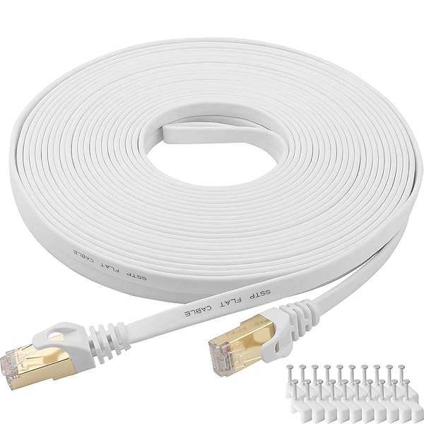 Cat 8 Ethernet Cable 100 Ft - High-Speed Flat Gigabit Shielded RJ45 LAN Cable in White
