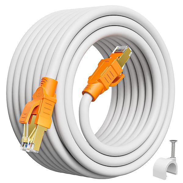 Cat 8 Ethernet Cable 30ft - Shielded, Weatherproof, 40Gbps High Speed for Indoor/Outdoor Use with 10 Clips