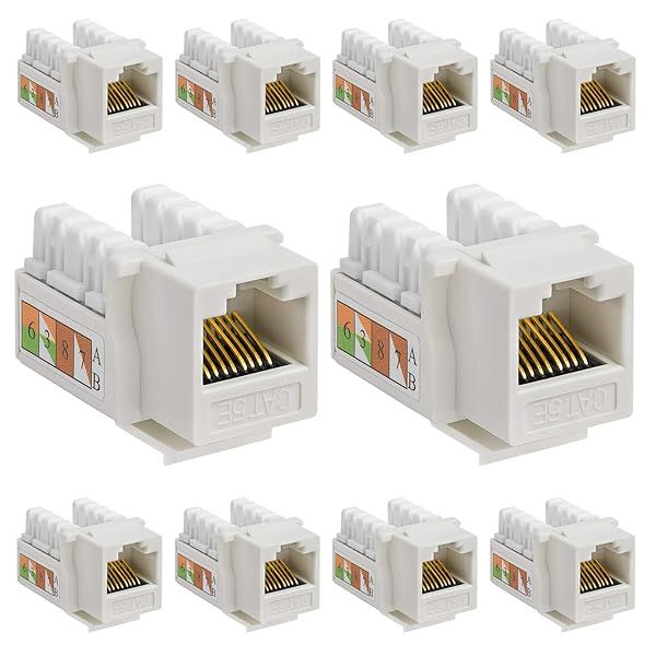 Cmple 10 Pack Cat5e Keystone Jack Insert Punch Down RJ45 Connectors 90 Degree Female for Wall Plates and Ethernet Cables White